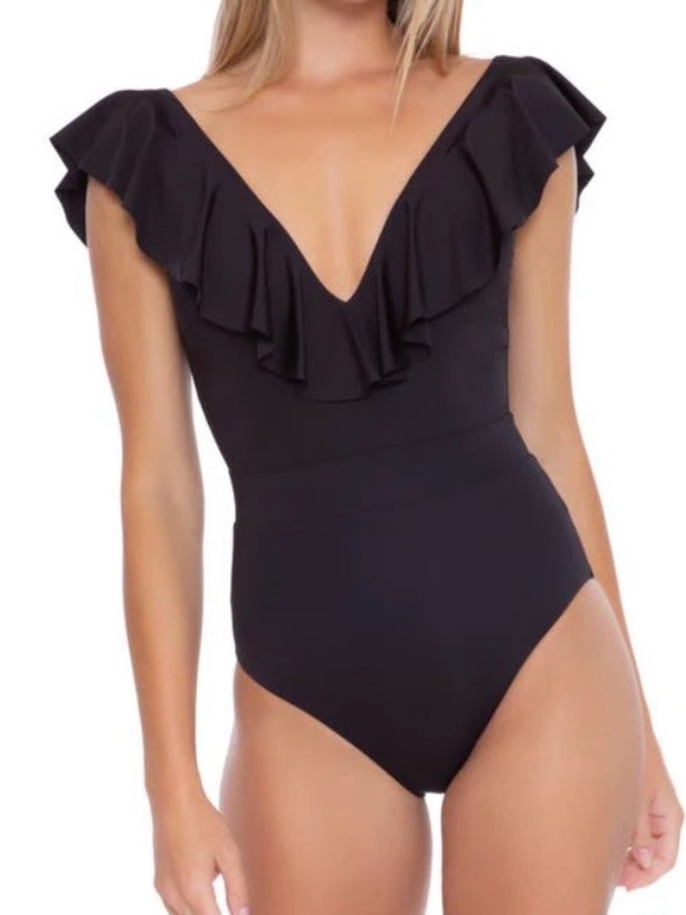 Trina Turk Black Ruffle V-Neck One-Piece Swimsuit